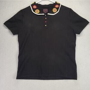 Color Works Polo Top Womens M Embroidered Flowers Pearl Buttons Vintage